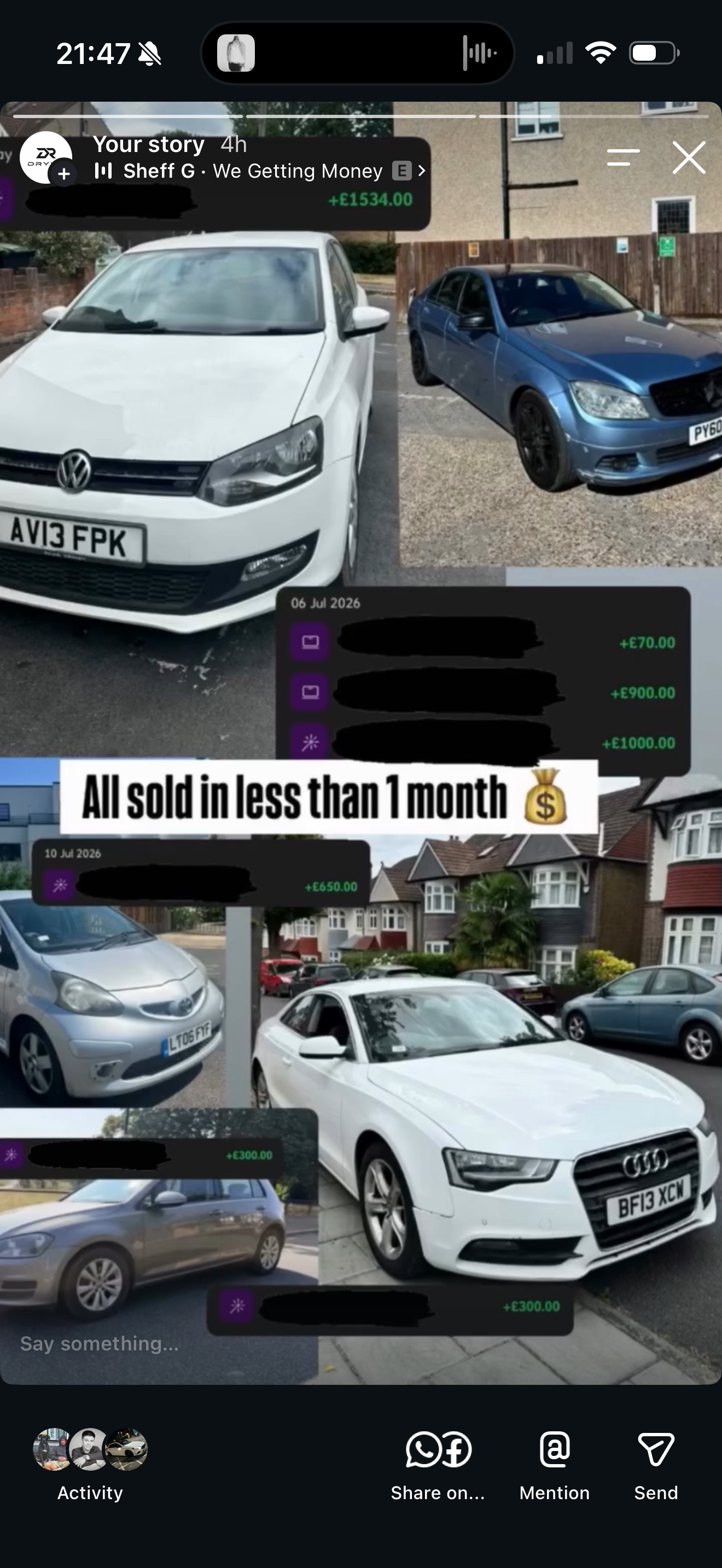 DRYVR Instagram story showing five resold cars — a VW Polo, Mercedes C-Class, Toyota Aygo, Audi A5 and VW Golf — with payout notifications, captioned all sold in less than one month.