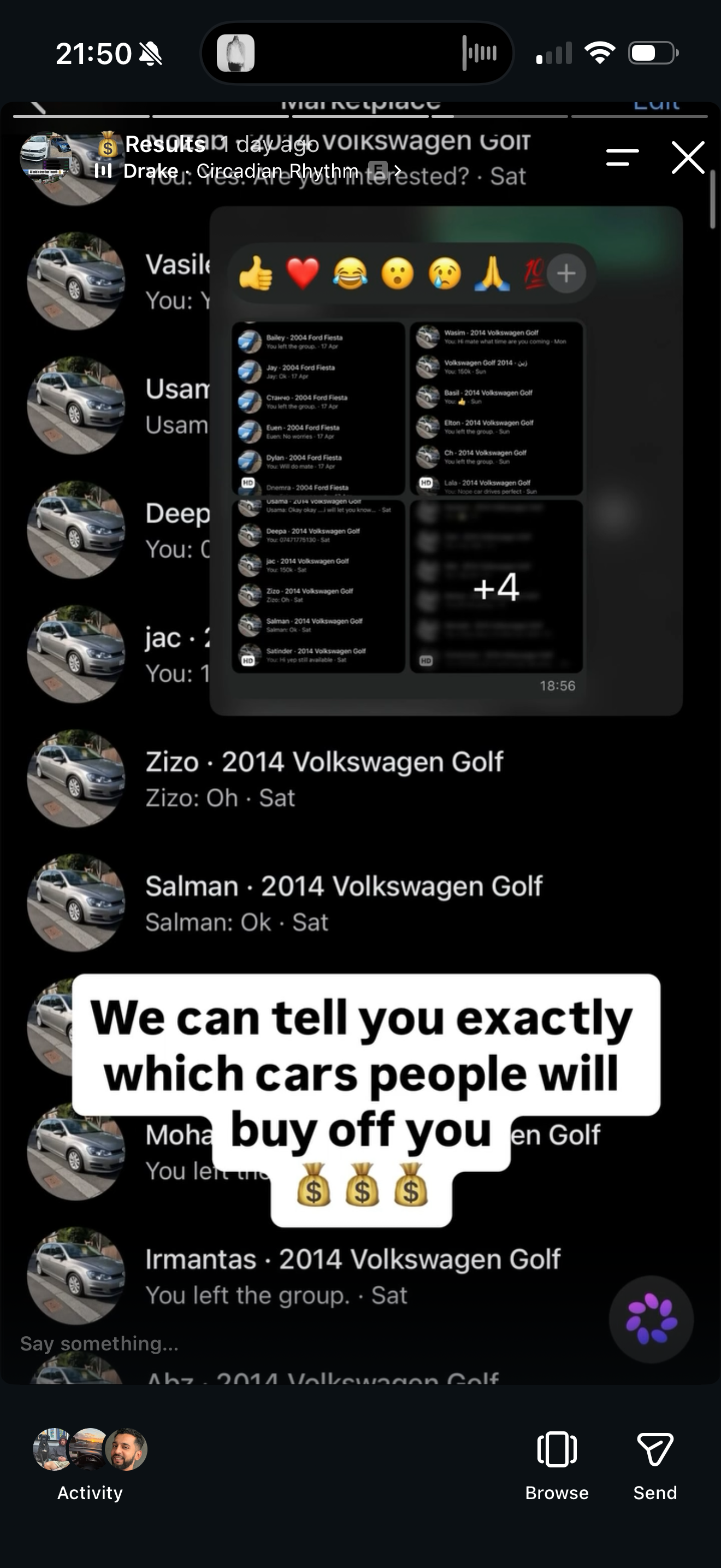 A Facebook Marketplace inbox full of buyer messages for a 2014 Volkswagen Golf, captioned we can tell you exactly which cars people will buy off you.