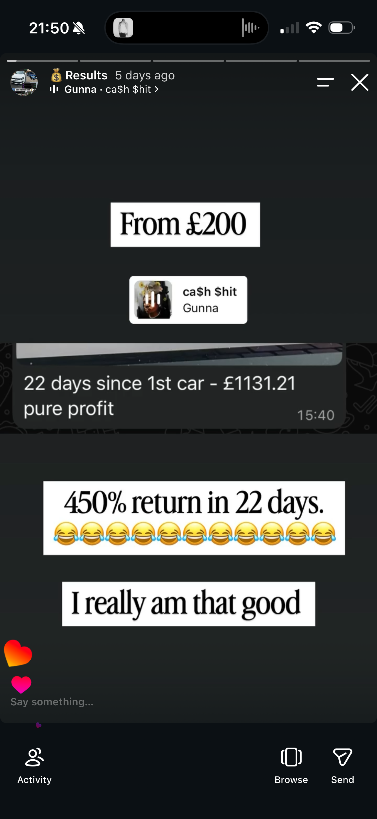 DRYVR Instagram story: a message reading 22 days since first car, 1,131.21 pure profit, and a caption reading 450% return in 22 days.